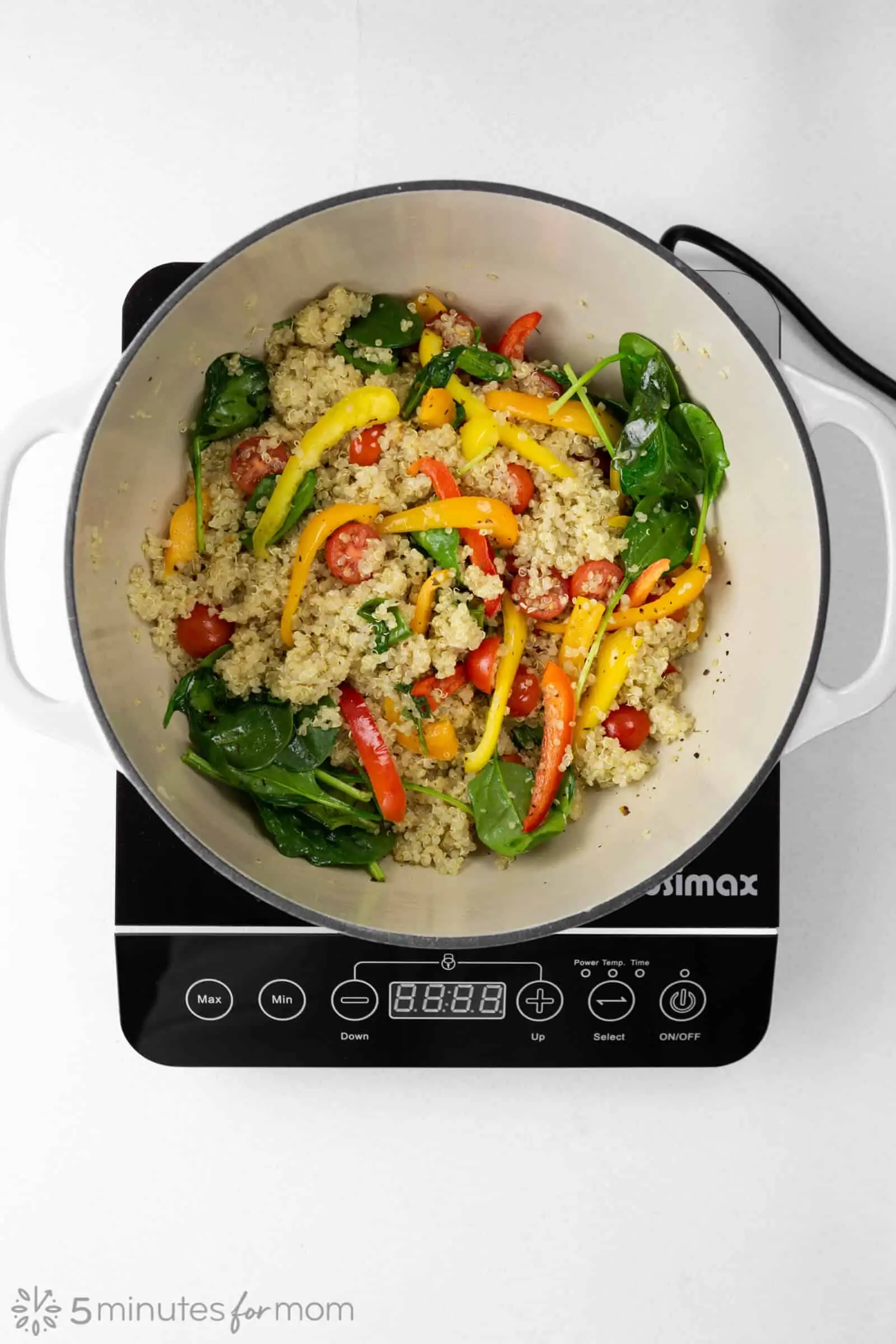 a dutch oven with sauteed vegetables and quinoa