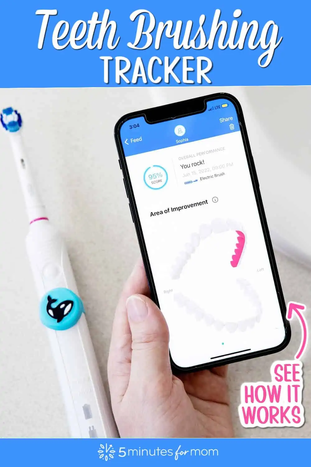 Electric toothbrush with a Truthbrush tracker on it next to a hand holding an iPhone showing the Truthbrush app. Text overlay says Teeth Brushing Tracker.