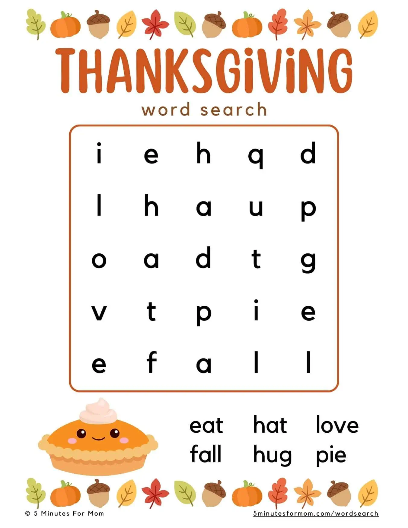 Easy Thanksgiving Word Search For Young Kids