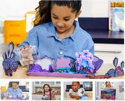 Young girl playing with a science activity kit that would be a perfect gift for children