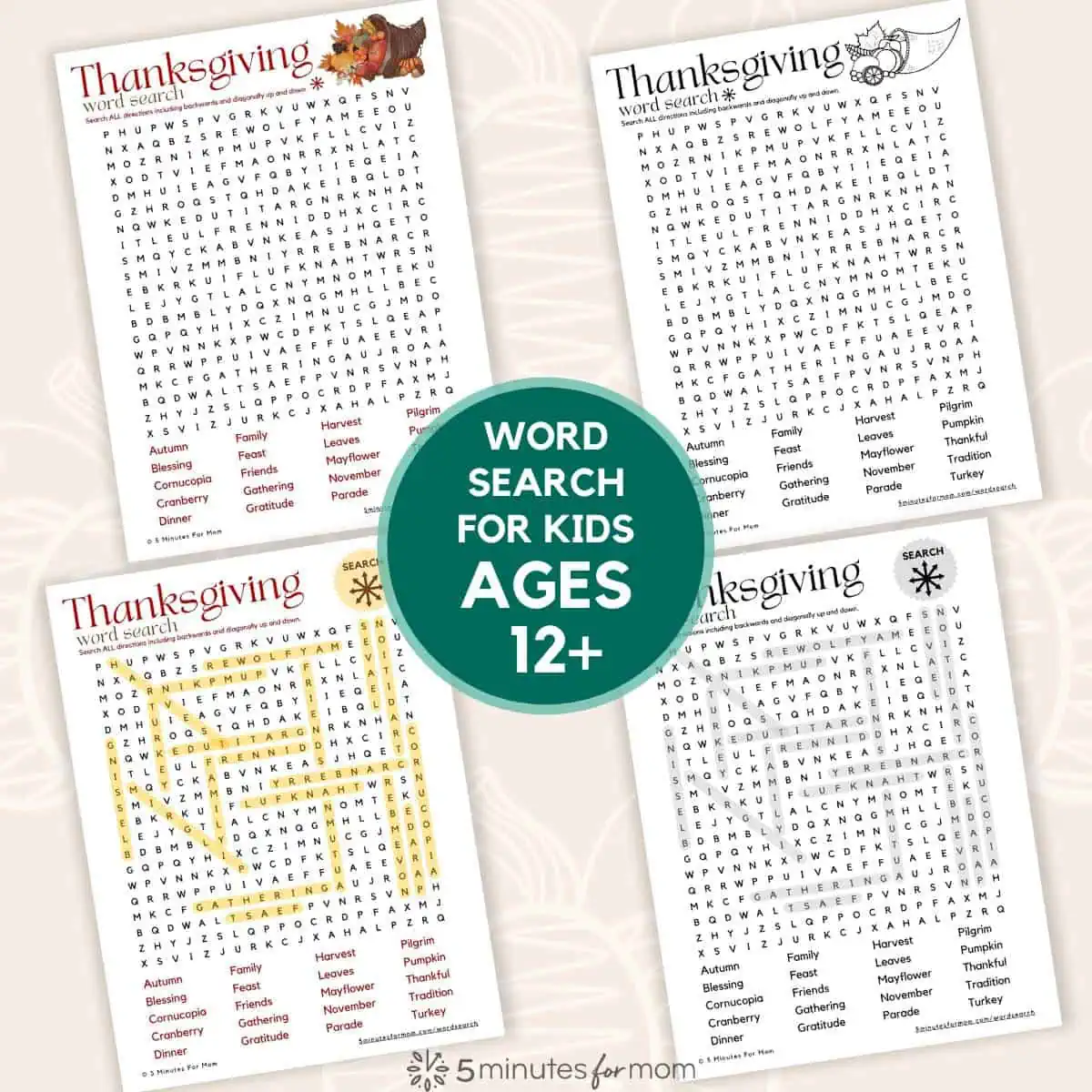 Square graphic showing four papers - two in color and two in black and white - of a challenging Thanksgiving word search for middle school and teenagers