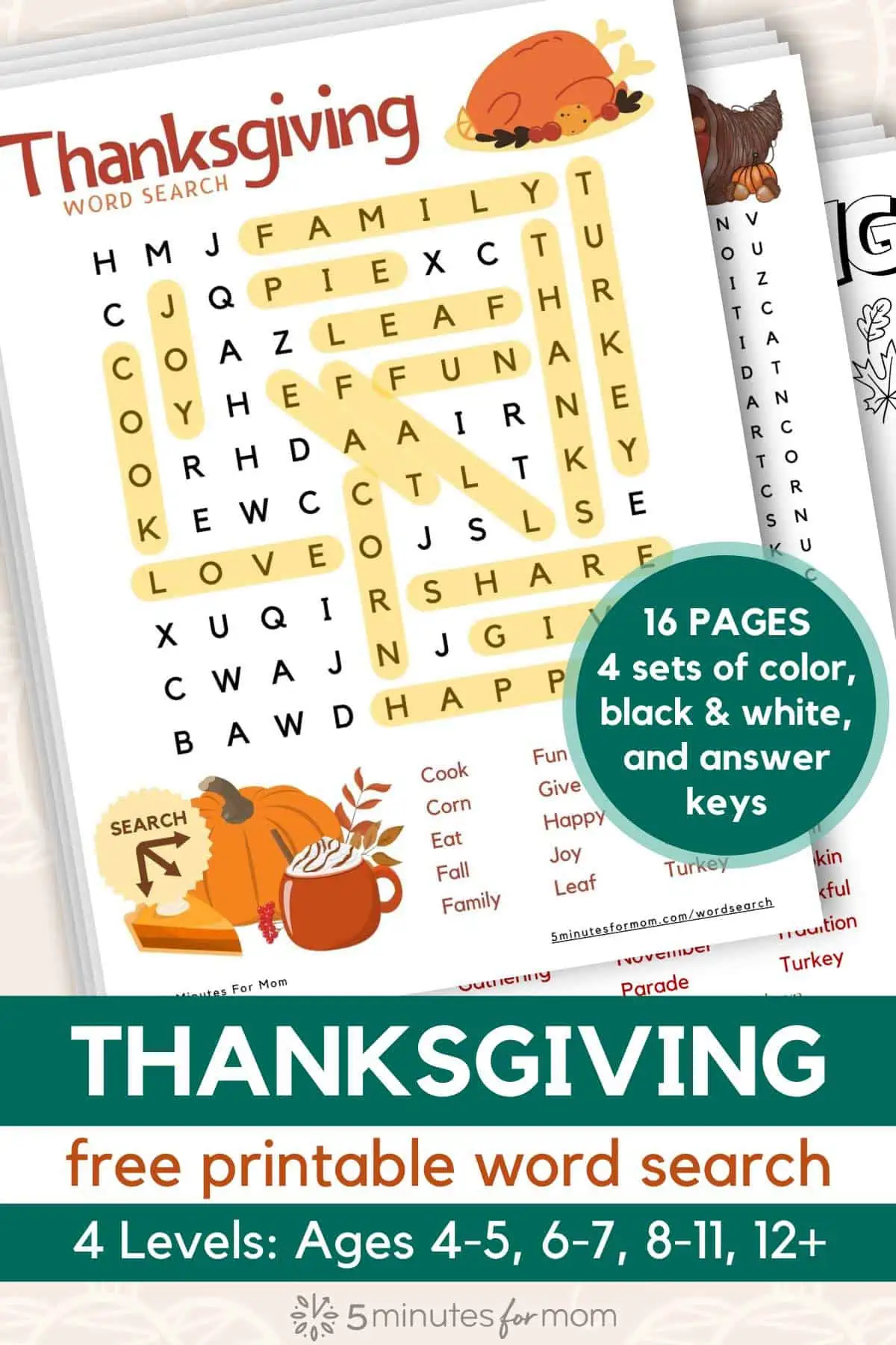 Thanksgiving Word Search with answers circled - text overlay says Thanksgiving free printable word search - 4 levels - ages 4-5, 6-7, 8-11, 12 up