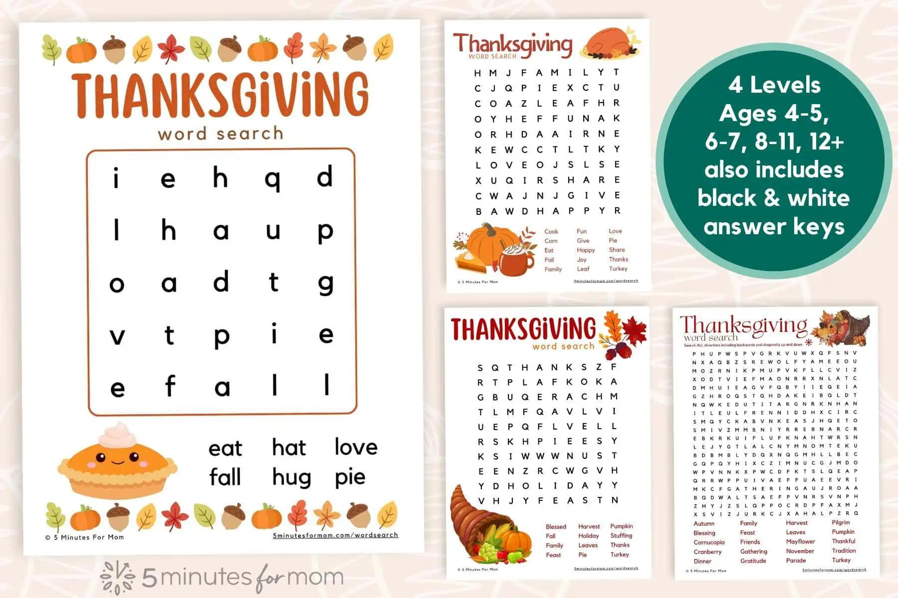 Set of 4 Thanksgiving Word Search Printables with a green circle on one side with text saying 16 PAGES 4 sets of color black and white and answer keys