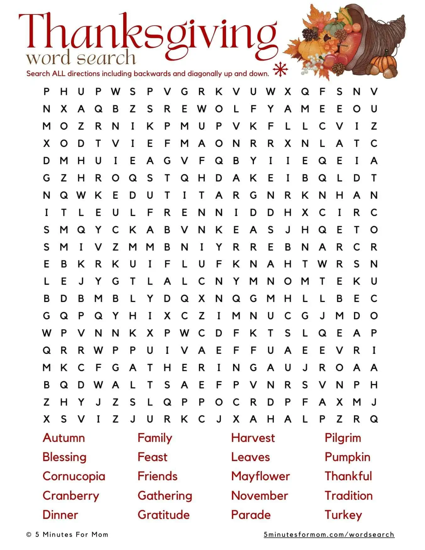 Difficult Thanksgiving Word Search