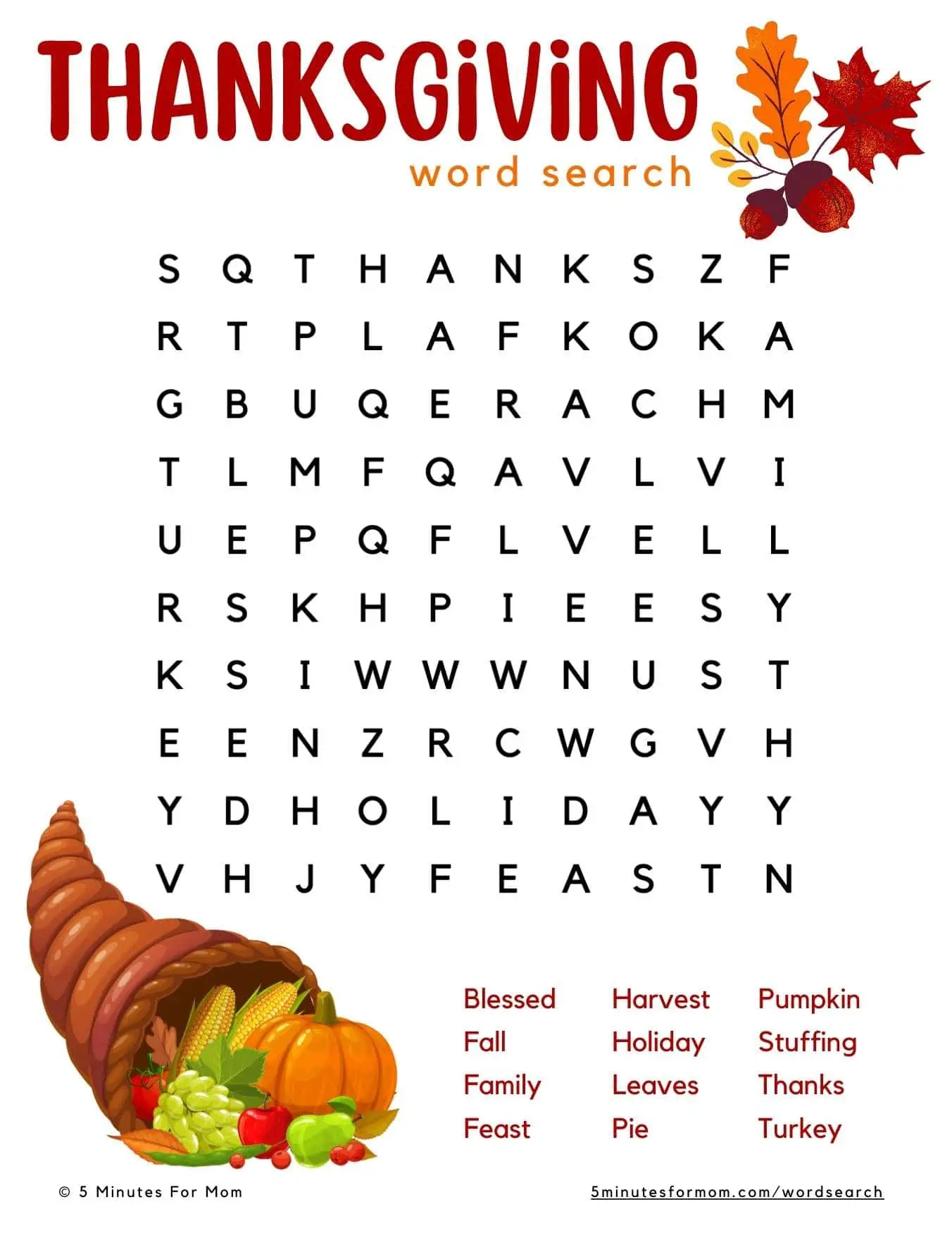 Thanksgiving Word Search for Kids Ages 8-11