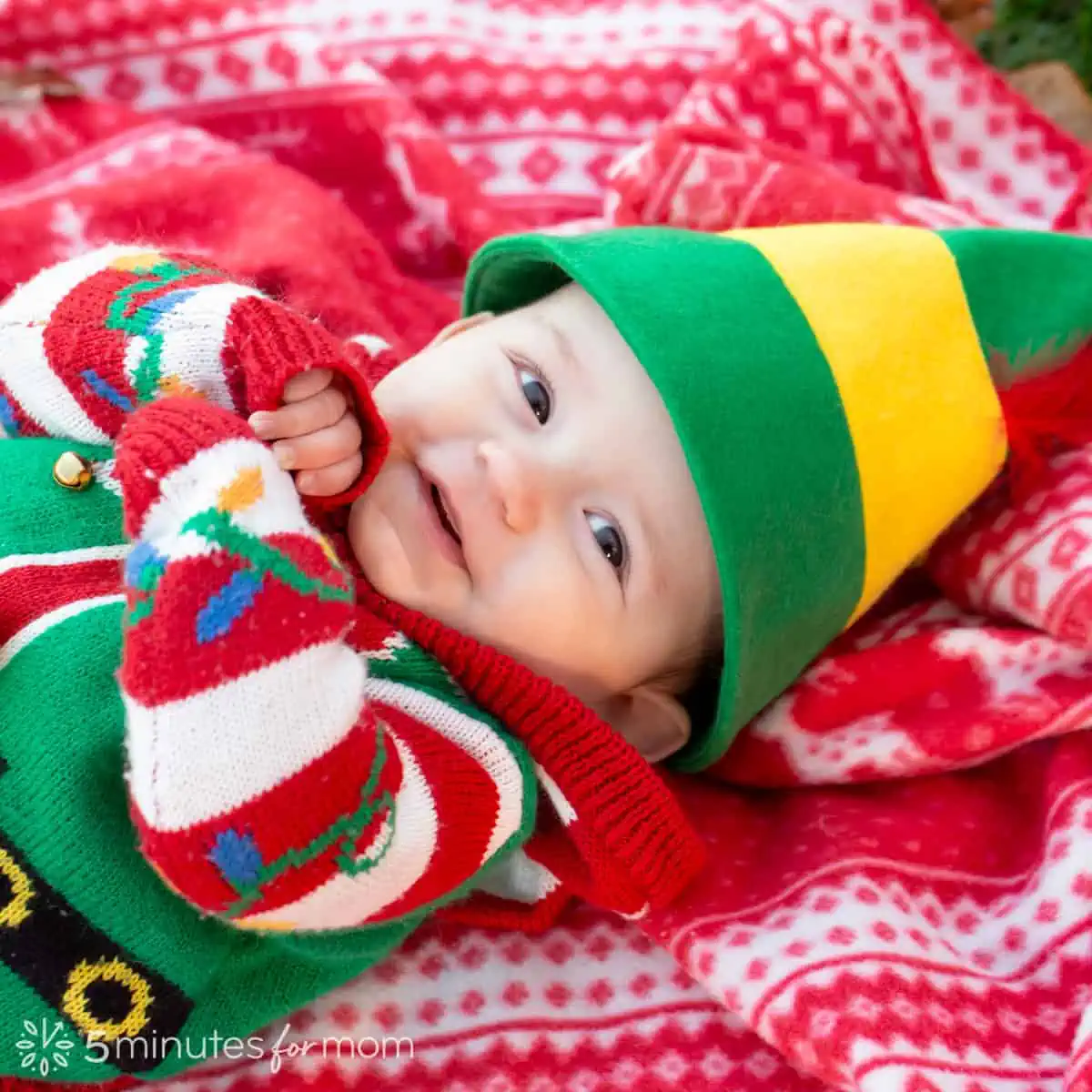 Baby wearing a DIY Buddy the Elf Hat