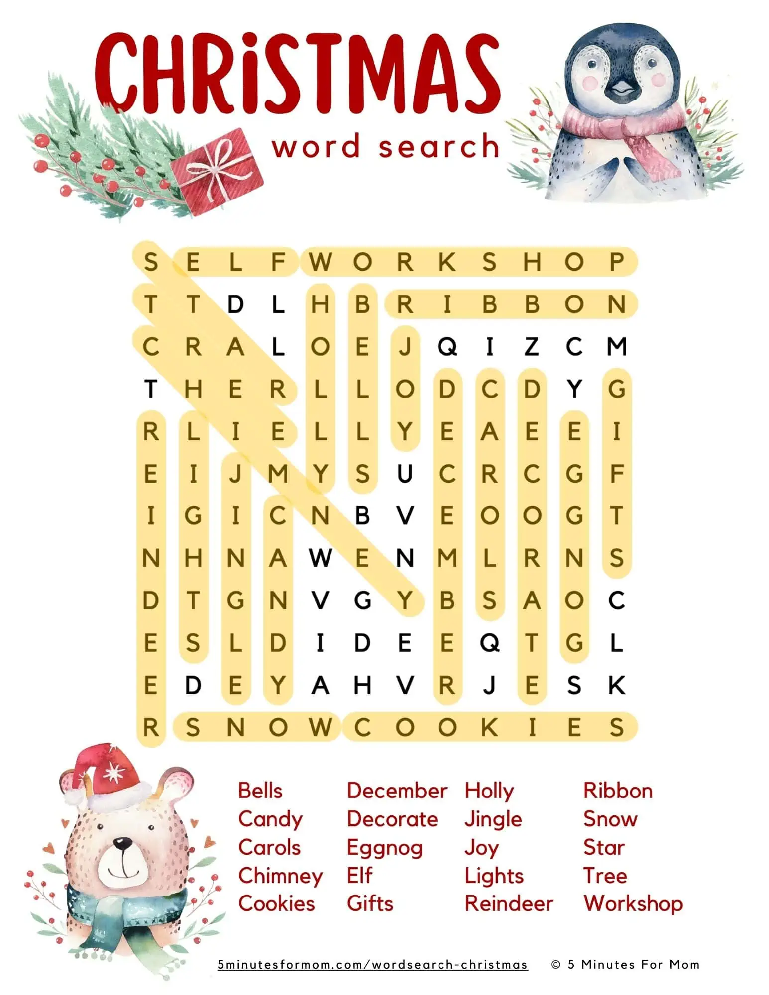 Christmas Word Search for Kids Answer Key