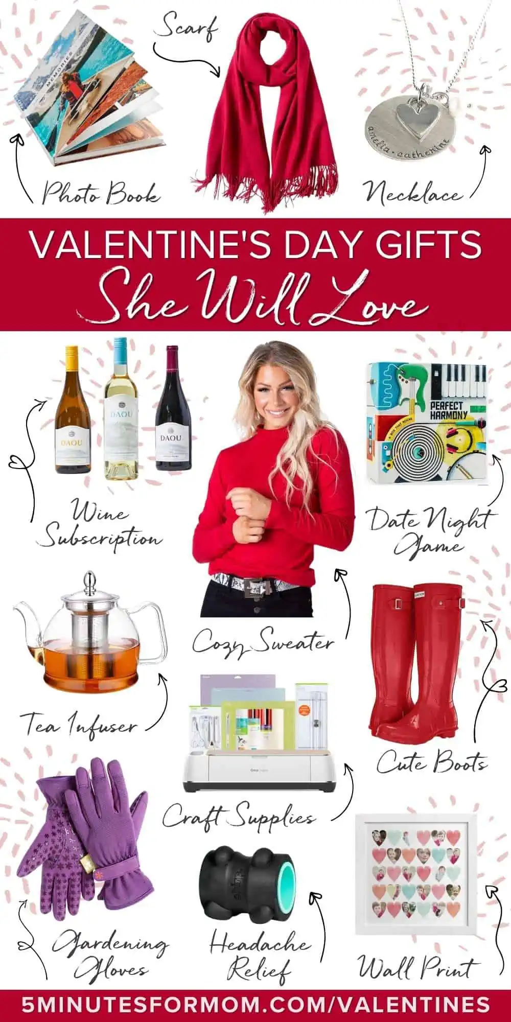 Collection of gift ideas for women with text overlay saying Valentines Day Gifts She Will Love