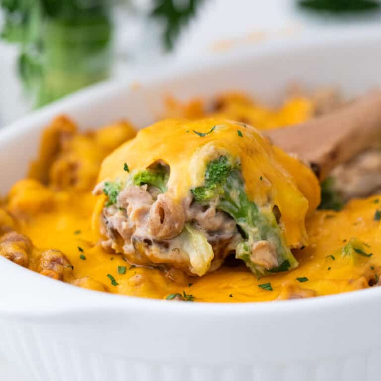 Close of shot of a baked chicken and broccoli casserole