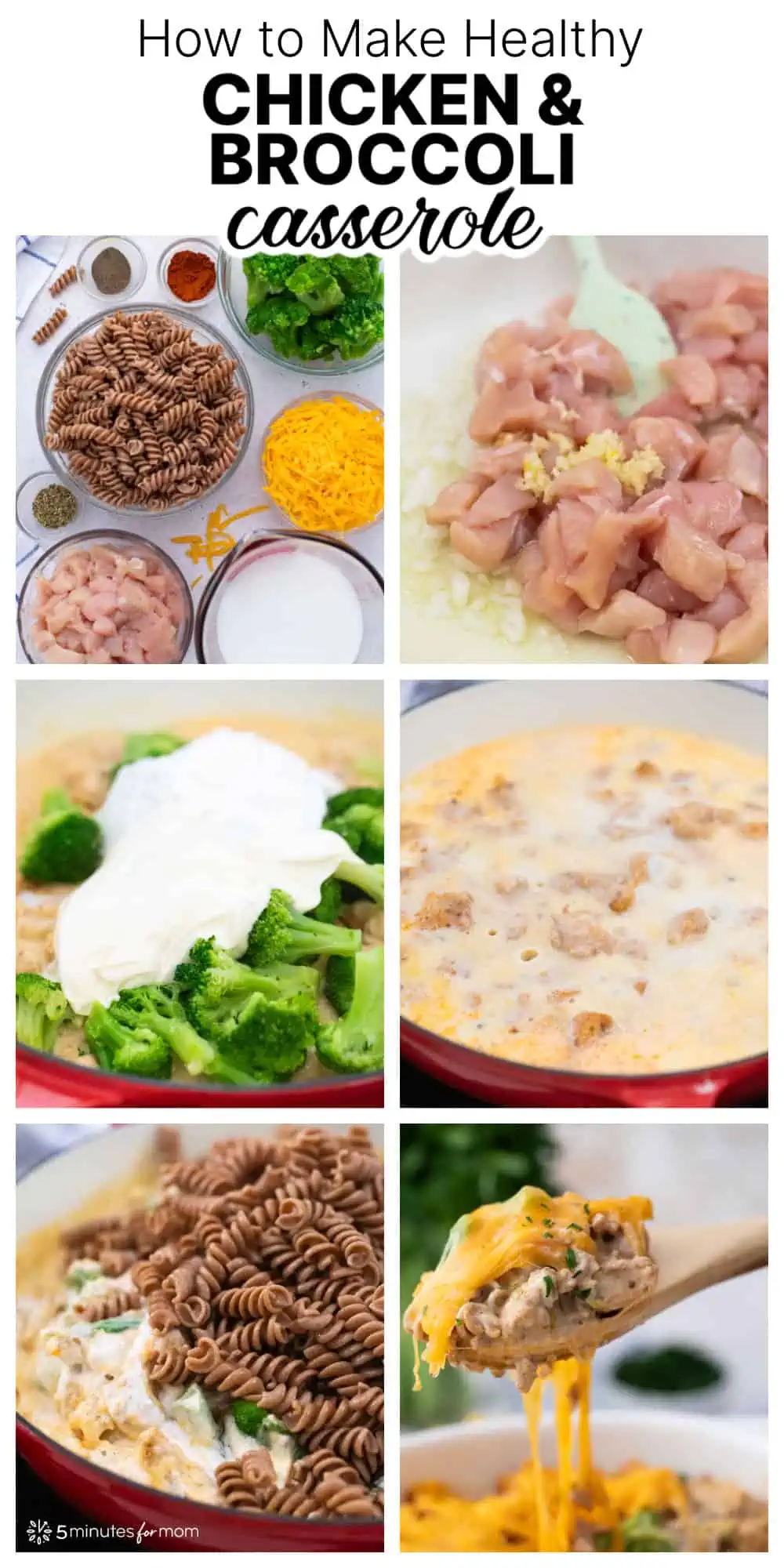 Step by step photos showing how to make a healthy chicken and broccoli casserole