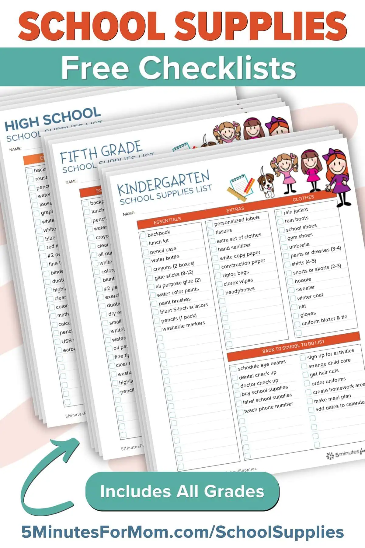 Set of Printable School Supplies Lists