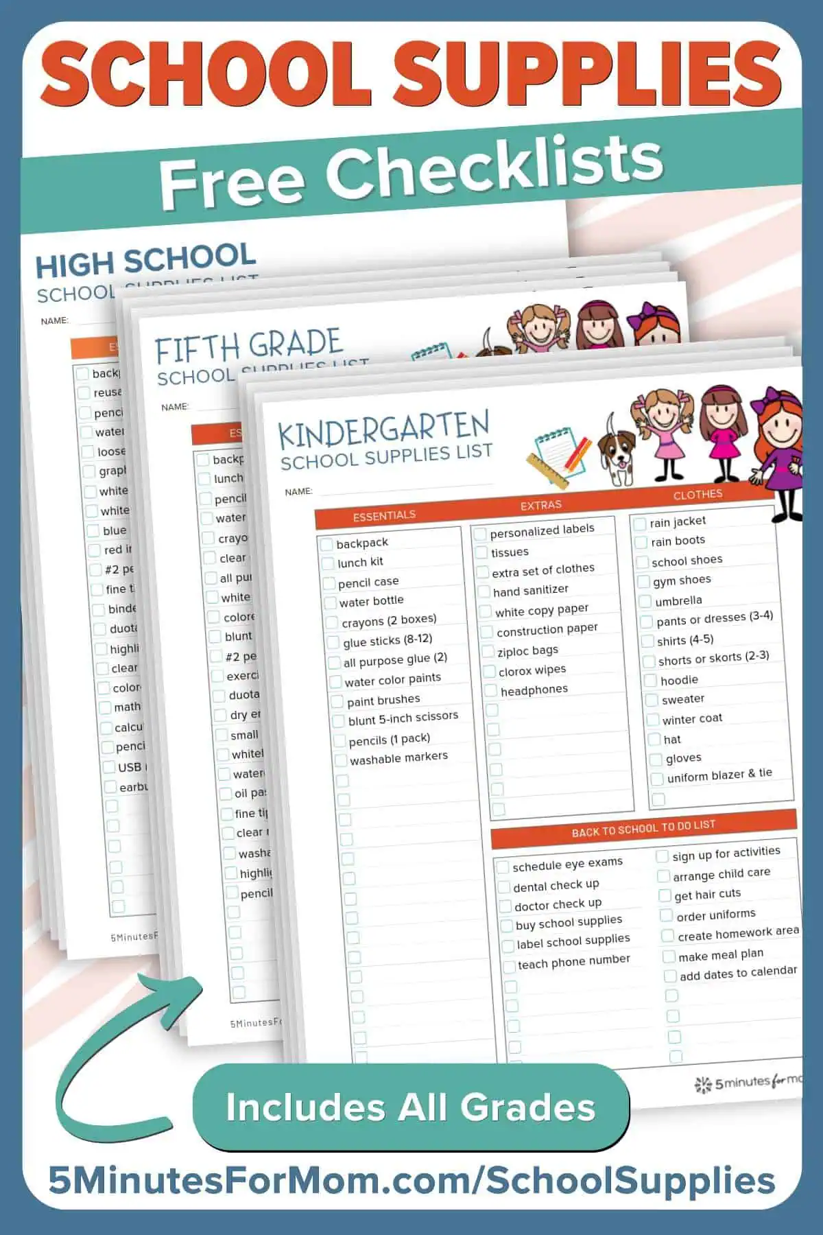Set of Printable School Supplies Lists